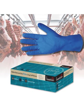 NITRILE DIAMOND GRIP GLOVES - BLUE - 300MM LONG CUFF - POWDER FREE