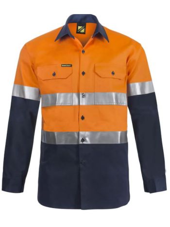 Workcraft Hi Vis Long Sleeve Cotton Drill Reflective Shirt